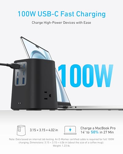 Image of Anker Desktop Charger, 9-in-1 Power Strip with 300J Surge Protector, 5ft Flat Plug Extension Cord with Multiple Devices, 100W USB C Charger with 3 AC, 2 USB A, 4 USB C, Home Office, Desk Accessories