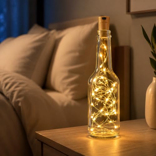 Image of fizzytech Wine Bottle Cork Copper Wire Fairy String Lights Pack of 10, 2 Meter Battery Operated Warm White Lights for Party, Wedding & Romantic Decor - 20 LED