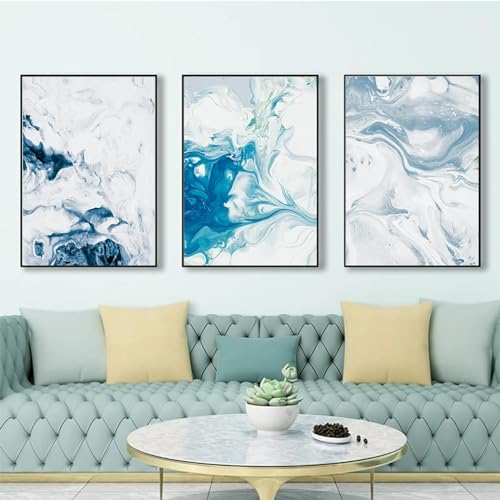 Peinture à l'encre bleue KEBIA triptyque abstrait sur toile grand format sans cadre 60x90 cm