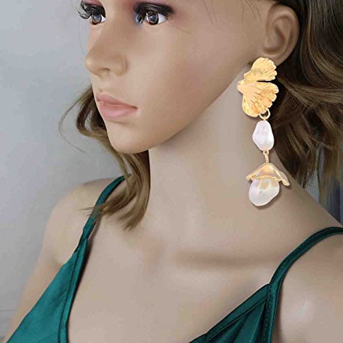 Fashion Exaggerated Pearl Flower Leaf Drop Long Earrings Large Floral Pearl Statement Dangle Earring Funky Sparkling Bride Jewelry For Women Girls Gift Gold/Silver Plated (Style 1) #TOP1