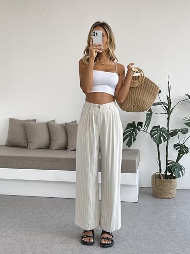 heipeiwa Women's Linen Pants Striped Culottes Summer Wide Leg Trouser Dress Casual Capris4