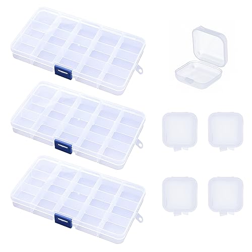 MUEEAD 3 cajas surtidas de plástico con 15 compartimentos con 5 cajas para auriculares, caja de joyería de plástico extraíble, caja de almacenamiento para cuentas, collares, aretes, tornillos, etc.