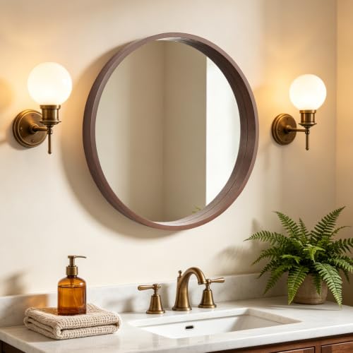 HOMECOOKIN 24 Inch Wood Round Mirror, Farmhouse Circle Vanity Mirror, Wooden Frame Wall Mirror, Boho Style Wall Decor for Bathroom, Living Room, Bedroom, Entryway, Hallway (Walnut)