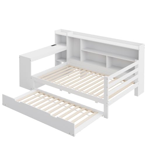 Lit pour enfant 90 x 200 cm, canapé-lit en bois massif, avec bureau, bibliothèque, compartiments de rangement, avec prise de courant, lit multifonction avec sommier à lattes en bois (blanc, 90 x 200