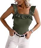 Womens Cute Sleeveless Tank Tops Ruffle Strap Square Neck Blouse Solid Color Knitted Camisole