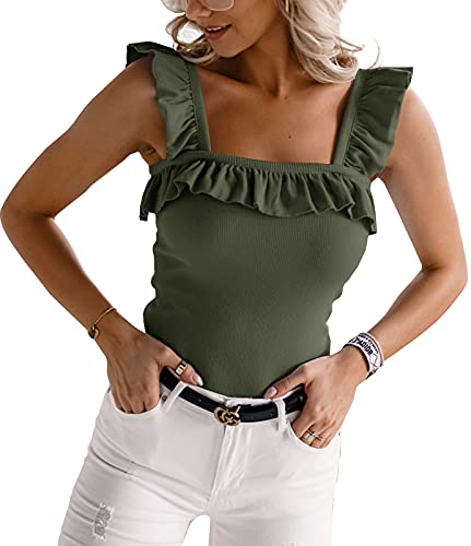 Women's Sleeveless Ruffle Strap Tank Top - Square Neck Knitted Camisole - Cute & Casual For Summer, Khaki, X-Small