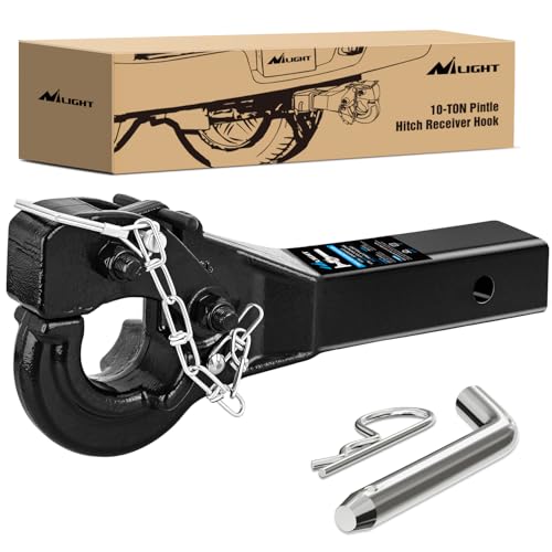 Nilight 10-TON Pintle Hitch for 2-Inch Receiver Hook Military Receiver 20000LBS,Fits 2-1/2 in Lunette Ring, Gloss Black Powder Coat