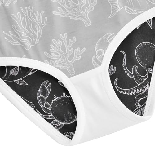 White Line Fish Crab Black Underwear for Girls, Toddler Girl Panties, Cotton Underwear for Girls, 2–8 Years4
