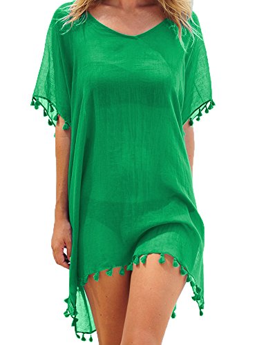 Adreamly Women's Chiffon Bathing Suit Swimwear Tassel Beach Cover Up Free Size Green
