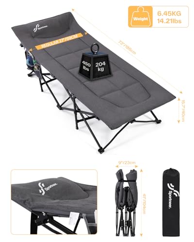 Sportneer 31“ Camping Bed Camp Bed with Cushion, Extra Wide Camp Beds for Adults 450 LBS Outdoor Office Indoor Fishing with Carry Bag Supports - Image 3