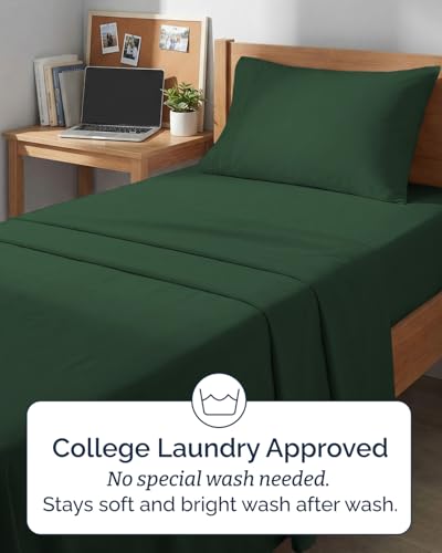 Image of Twin XL 4 Piece Sheet Set - College Dorm Room Essentials - Emerald | Ultra Soft Dorm Bedding Set, 8 inch to 16 inch Inch Deep Pockets, 1 Flat & 1 Fitted Sheet & 2 Pillowcases, Wrinkle & Fade Free