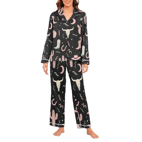 Image of Womens Silk Satin Pajamas Set Western Theme Womens Short Sleeve Shorts Set 2 Piece Sleepwear Lounge Set S-XXL