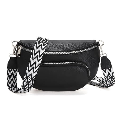 Valleycomfy Riñonera para mujer, bolso cruzado para mujer, bolso bandolera pequeño con cremallera, riñonera para mujer, con correa ancha ajustable y extraíble, Negro