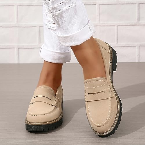 Image of Womens Loafers Slip On Casual Chunky Platform Heel Loafers Classic Penny Dressy Comfy Business Work Shoes Green Beige Black Red US5-11