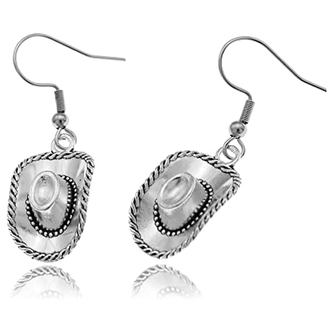RechicGu Western West Cowgirl Texas Boots Spur Dangle Drop Earrings Rodeo Boho Fancy Dress Costume Cowboy Hat Vintage Silver Cover