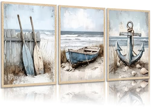 3Pcs Nautical Beach Wall Art Sailboat Paddle and Anchor Paintings Pictures Wall Decor Nautical Coastal Posters Prints Artwork for Living Room Bedroom Home Office Corridor Home Decroation Unframed