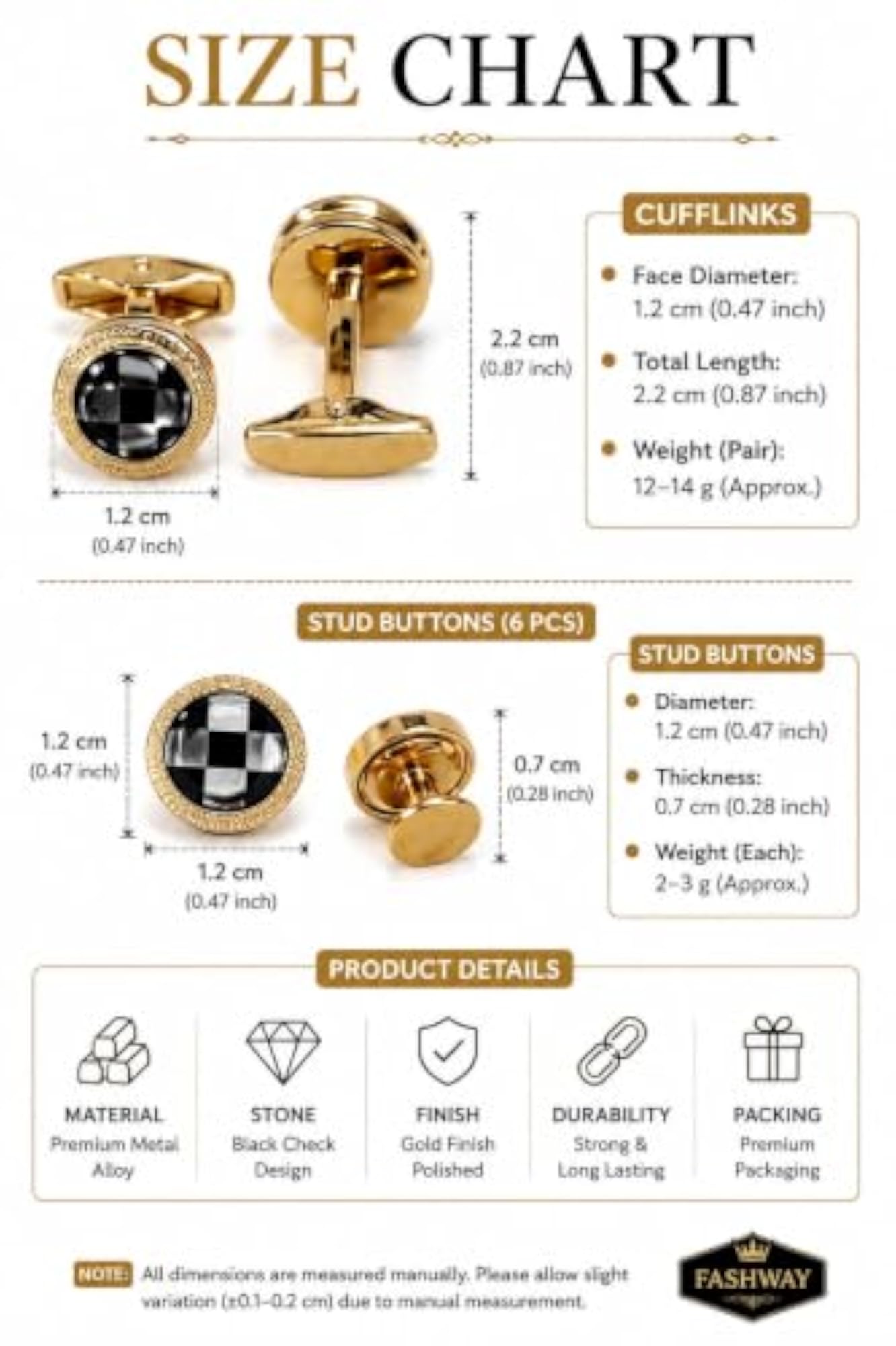 Men's Cufflinks and Stud Buttons Set, Gold Finish