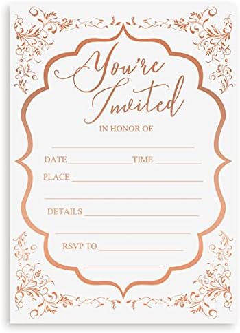 20 Fill In Party Invitations Cards 5x7, Rose Gold Foil, 20 Thank You Tags Include. Invitation For Wedding, Invites For Birthday, Bridal Shower, You Are Invited, Vintage, Special Occasions, Events, Invite Rose 1