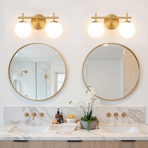 Image of MOKATNG 2-Light Bathroom Light Fixtures, Brushed Gold Vanity Lights for Bathroom with Milky White Glass Shade, Bathroom Lighting Fixtures Over Mirror, Wall Sconce for Bedroom (Bulb Not Included)