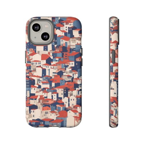 Coque iPhone 14 maisons toits rouges pour look urbain quotidien