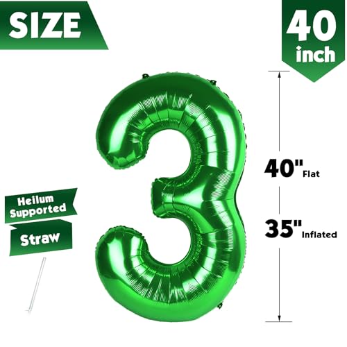 Image of 40 Inch Green Number 3 Balloon Birthday Party Decorations for Men & Women | 40 Inch Green inflatable foil number balloons, large birthday decorations for 3rd birthday