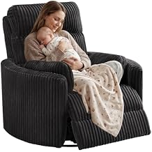 SUNWAVE 40" Oversized Power Nursery Rocking Recliner Barrel Chair, Swivel Nursing Chair with Electric Headrest & Anti-Pinch, Lay-Flat Corduroy Rocking Chair Nursery with USB/Type-C