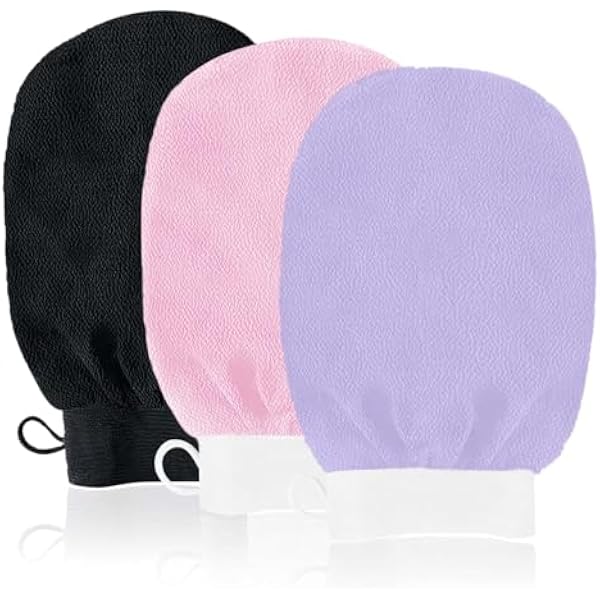 URAQT Rękawiczki do peelingu, 3 sztuki Exfoliating Gloves, Rękawiczki do peelingu ciała, Rękawiczka hamam do ciała i twarzy (czarne + różowe + fioletowe)