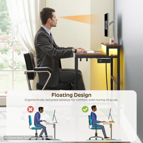 Image of YATINEY Small Computer Desk with Charging Station and LED Lights, Gaming Desk with Monitor Stand, 2-Tier Home Office Desk with 4 Side Hooks, for Living Room, Home Office, Rustic Brown DN01UDBRY2
