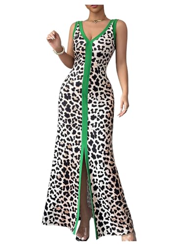 GORGLITTER Women's Leopard Cheetah Maxi Dress Animal Print High Slit V Neck Long Dresses