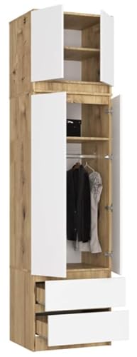 BDW Kleiderschrank mit Aufsatz, 4-türiger Kleiderschrank, 2 Schubladen, Eiche Artisan / Weiß, Groß, Schlafzimmer, Wohnzimmer, Flur, 234x60x51cm