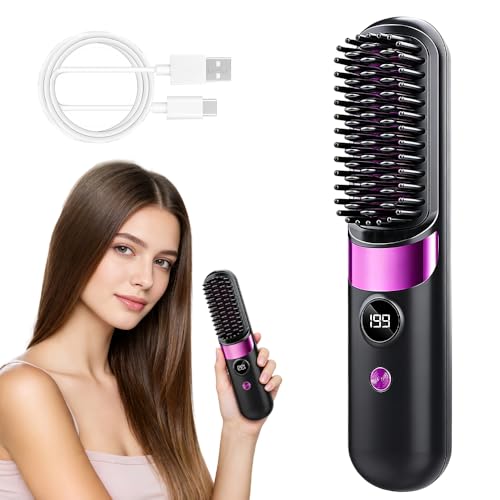 Brosse Lissante pour Cheveux, Portable Peigne Chauffant Ionique, Brosse Lissante Sans Fil Électrique avec 4 Températures & Écran LED pour Voyage Quotidien