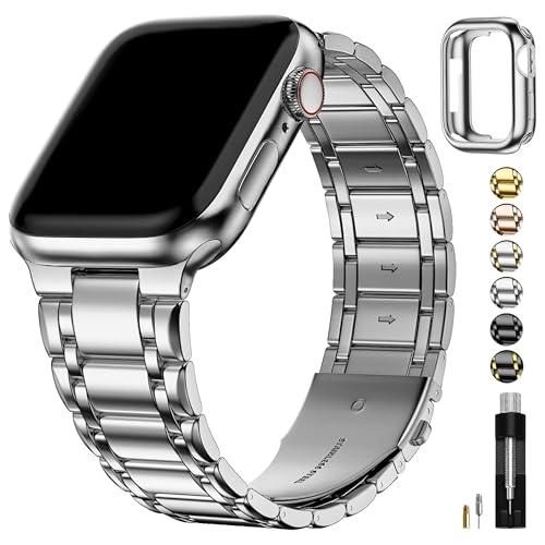 Fullmosa Compatible con Apple Watch Correas 46mm 45mm 44mm 42mm 49mm 40mm 41mm 38mm,Acero inoxidable Correas de Repuesto iWatch con Funda TPU para SE/Series 10 9 8 7 6 5 4 3 2 1, Plata
