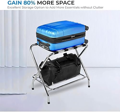Image of Multipurpose Portable Foldable Stainless Steel Luggage Rack with Shoe Storage Shelf, Heavy-Duty Mirror Finish Frame, Black Nylon Straps, Ideal for Home, Hotel & Travel Use