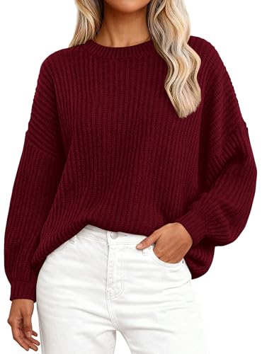 Image of PRETTYGARDEN Fall Sweaters for Women 2025 Fashion Long Sleeve Casual Ribbed Knit Winter Clothes Pullover Jumper Tops (Wine Red,Large)
