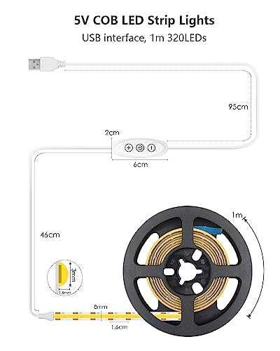 ALITOVE COB LED Streifen 1M Warmweiß 3000K USB Dimmbar LED Strip 320LEDs/m 5V für TV LED Hintergrundbeleuchtung Hängeschrankunterbeleuchtung Schlafzimmer Heimdekoration