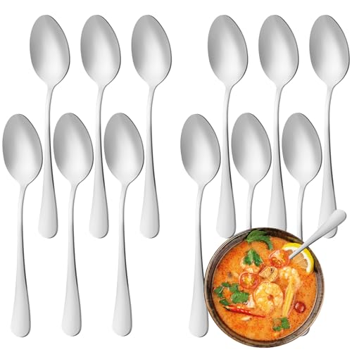 12 Pcs Dinner Spoons Set Food-Grade Stainless Steel Tablespoons Durable Metal Table Spoon Cutlery Soup Spoons Silverware for Home Kitchen or Restaurant Mirror Polished Dishwasher Safe - 7 Inch