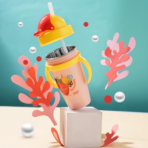 Image of Nabhya Inner Stainless Steel & Outer Plastic 360ml BPA-Free Cute Animal Design Baby Sipper Kids Water Bottle with Straw and Side Handle for Kids (Yellow & Purple - 2pc)