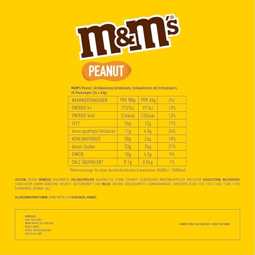 M&M’s Peanut, Schokoladen Großpackung, 24 x 45g, Erdnussgeschmack Schokolinsen, Schokoladen Geschenk (1080g)