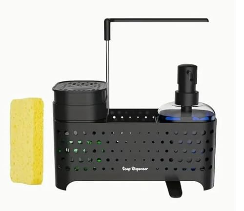 Porte-éponge pour évier de cuisine, avec distributeur de savon pour les mains et savon à vaisselle – Convient pour l'organisation du comptoir de cuisine