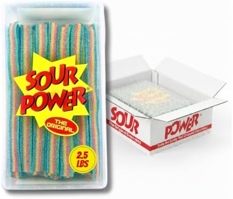 Sour Power Quattro Rainbow Candy Belts, 2.5 lb Bulk Tub Resealable, Vegan Four Flavor Sour Belt Strips Since 1985, Soft Chewy Sweet Tart, Non-GMO Gelatin Free, Bubble Wrapped & Boxed for Shipping