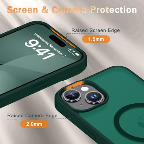 Image of for iPhone 15 Plus Case, iPhone 14 Plus Case, Matte Magnetic Phone Cover with 1 Screen Protector [Support for MagSafe] [Shockproof Military Grade Protection] Translucent Frosted Back, Dark Green