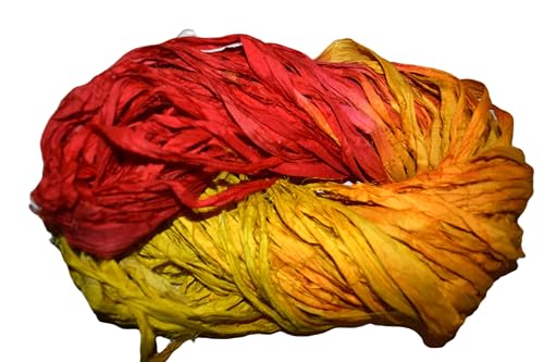 10 Yards Recycled Sari Silk Ribbon Yarn, Yellow Red