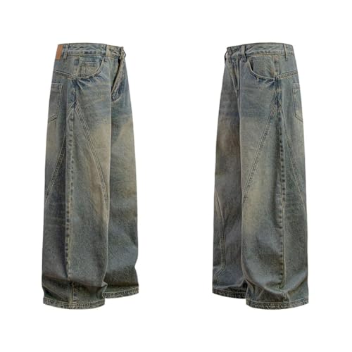 Men’s Curved Knife Design Washed Jeans, Loose Fit, Vintage Straight Leg, Distressed Denim Trousers4