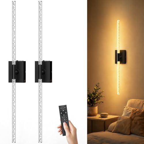 Image of iThird Crystal Bubble Wall Sconces Set of 2: 10000mAh Rechargeable Wireless Lights with Remote & 360 Rotate, 4 Color Temps Dimmable, 31.5 inch Wall Lamp for Bedroom Living Room Mirror, Black