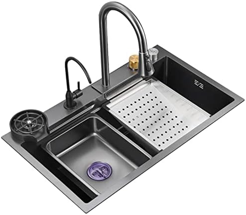 Black Nano Kitchen Sink 304 Stainless Steel Waterfall Sink Single Bowl Workstation Kitchen Sink With Multifunctional Top Loading Flying Rain pull-out faucet （Black，31.5x17.7x8.3 inch）