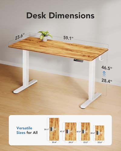 Image of HUANUO Electric Standing Desk, Whole Piece Desktop, Adjustable Height Computer Desk, 4 Height Memory Settings, Sit Stand Up Desks for Home Office, 60 inch x 24 inch, Light Vintage