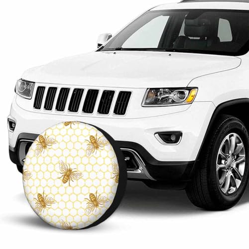 Image of Bee Honeycomb Spare Tire Cover for RV Trailer Golden Bees in The Honeycomb Wheel Protectors Weatherproof Polyester Tire Case for All Cars SUV Camper Travel 15 inch, STC161