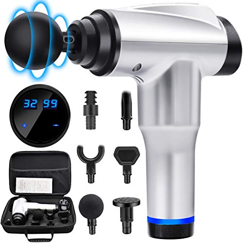 Massage Gun Handheld Deep Tissue Muscle Percussion Massager Portable Massage Gun 32 Speed Adjustment 5 Massage Heads (Silver)