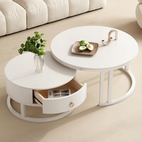 Juego de 2 mesas auxiliares anidadas, mesa de centro moderna con cajón de almacenamiento, losa de roca y patas de marco de metal para sala de estar, oficina, fácil de limpiar
