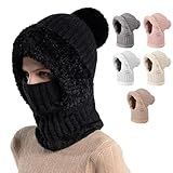 gofiveus Kapuzenschal Damen, 2025 Neue Damen Mütze Winter, Weibliche Balaclava Damen Mit Wollkugeln Wintermütze, Winterwollmütze Mit Warmwolle (schwarz)